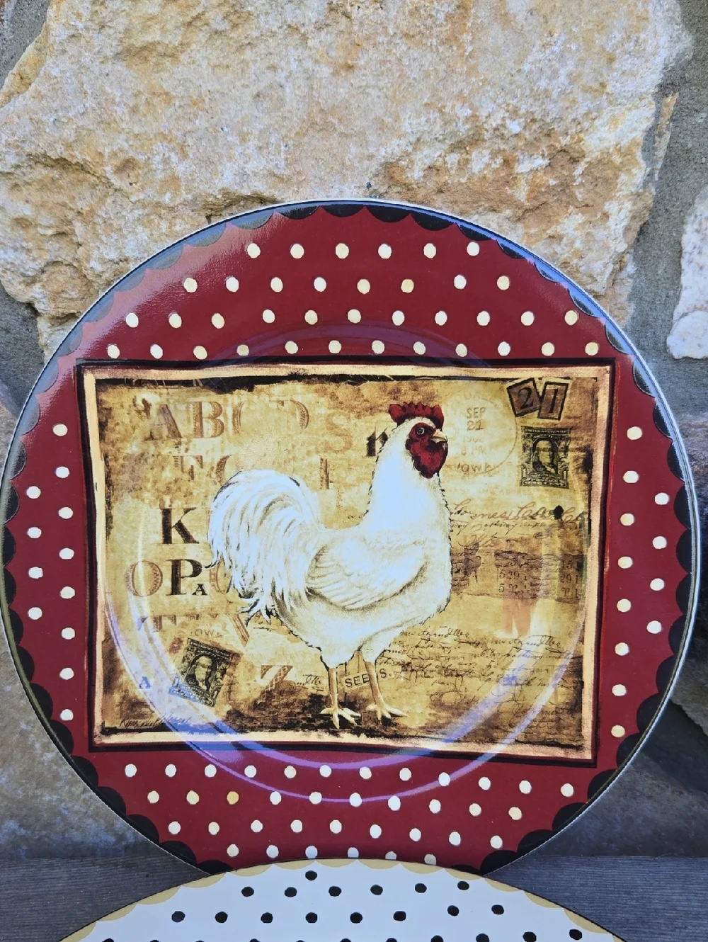 Sakura Retro Rooster Stoneware Plate Set‎ Farmhouse Country Cottage